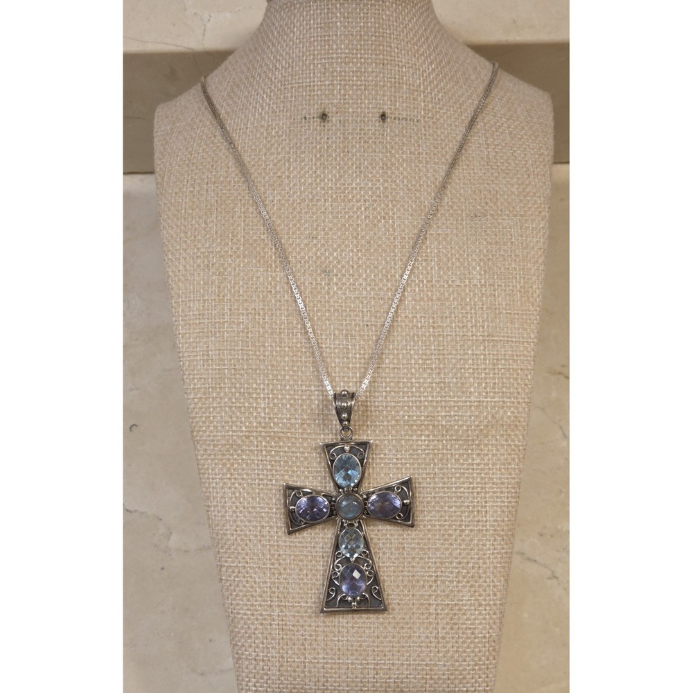 Stunning Vintage Nicky Butler Sterling Cross Labradorite Amethyst Topaz Necklace